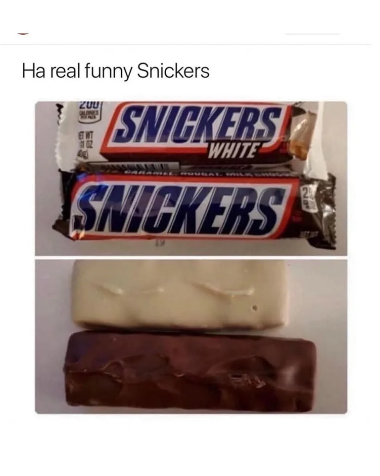 The image shows two Snickers bars, one labeled 'SNICKERS WHITE' and the other 'SNICKERS', both still in their wrappers…