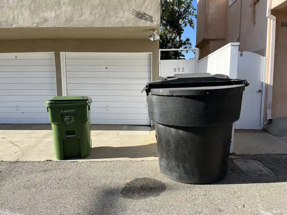 A green residential trash bin and a large black trash bin sit side by side on a driveway in front of a house with the number…
