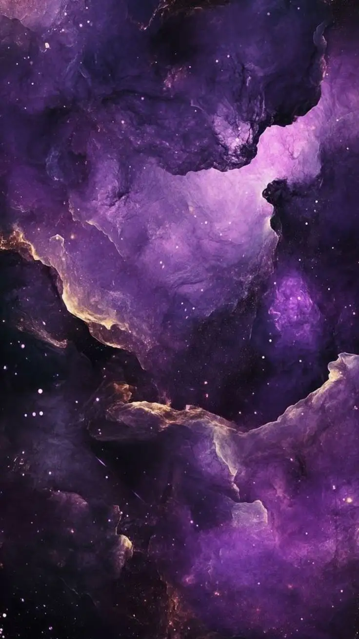 A cosmic nebula image with swirling purple, violet, and dark clouds illuminated by glowing golden edges and scattered stars…