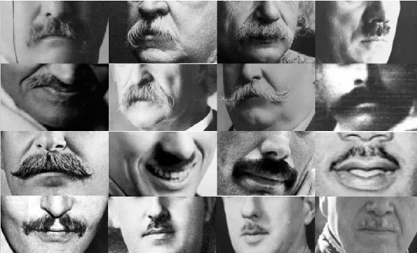 A black-and-white collage of 16 different men's faces, each prominently featuring a unique mustache style, ranging from…