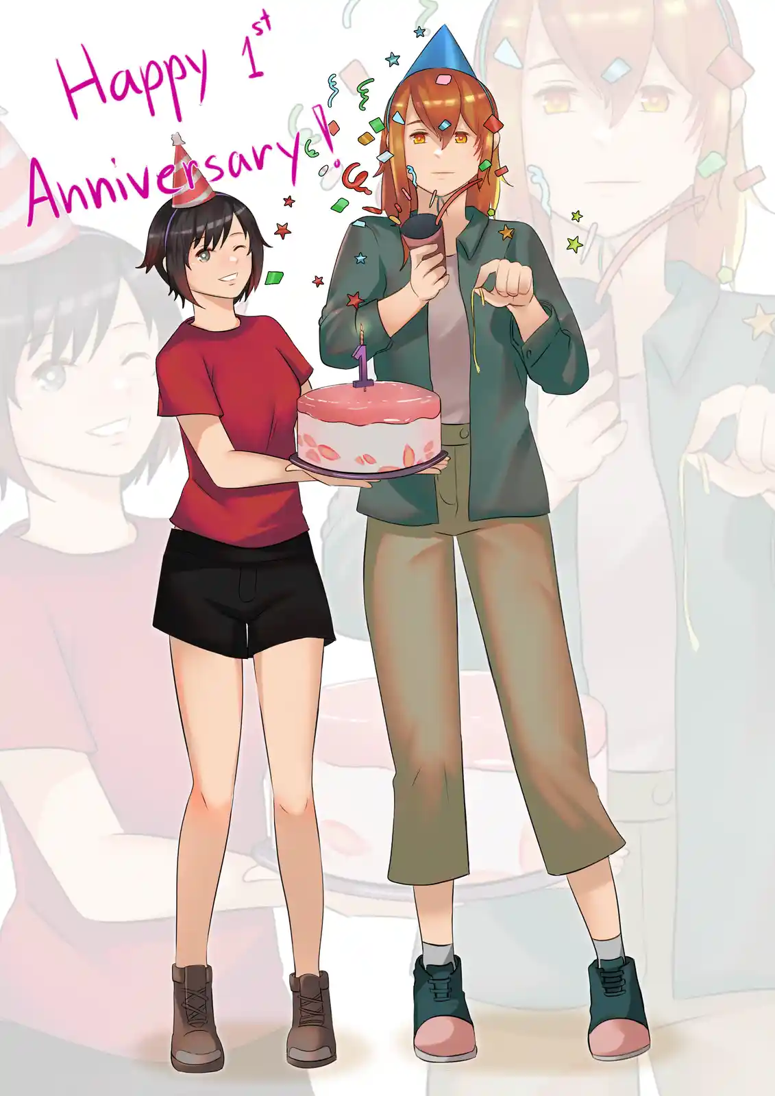 Two anime-style women in party hats celebrate with a cake topped with a single candle shaped like the number one, surrounded…