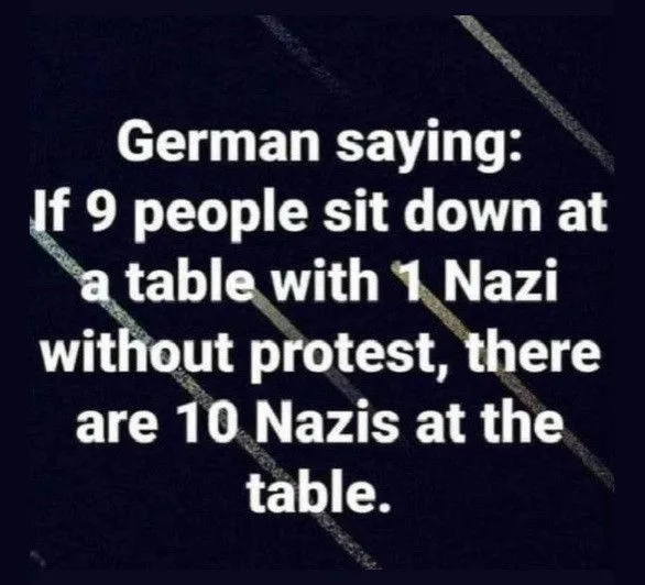 A dark background with diagonal white lines, overlaid with white text stating a 'German saying' that if nine people sit at a…