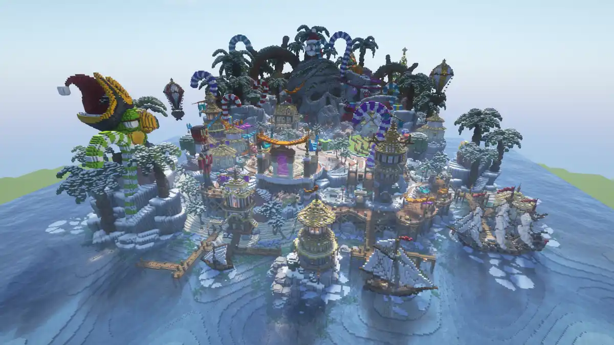 This is a massive, intricate, and whimsical minecraft build featuring a snowy island with a giant jester, pirate ships…
