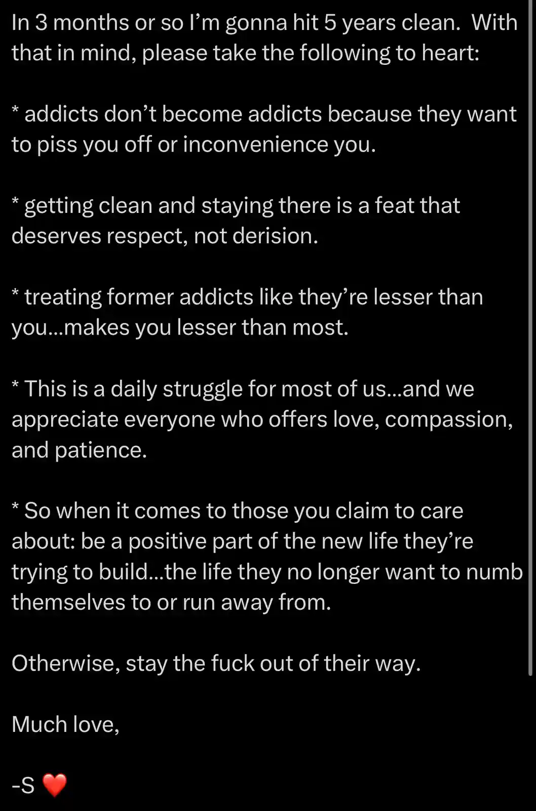 A black background with white text presents a personal message from someone celebrating their upcoming 5-year sobriety…
