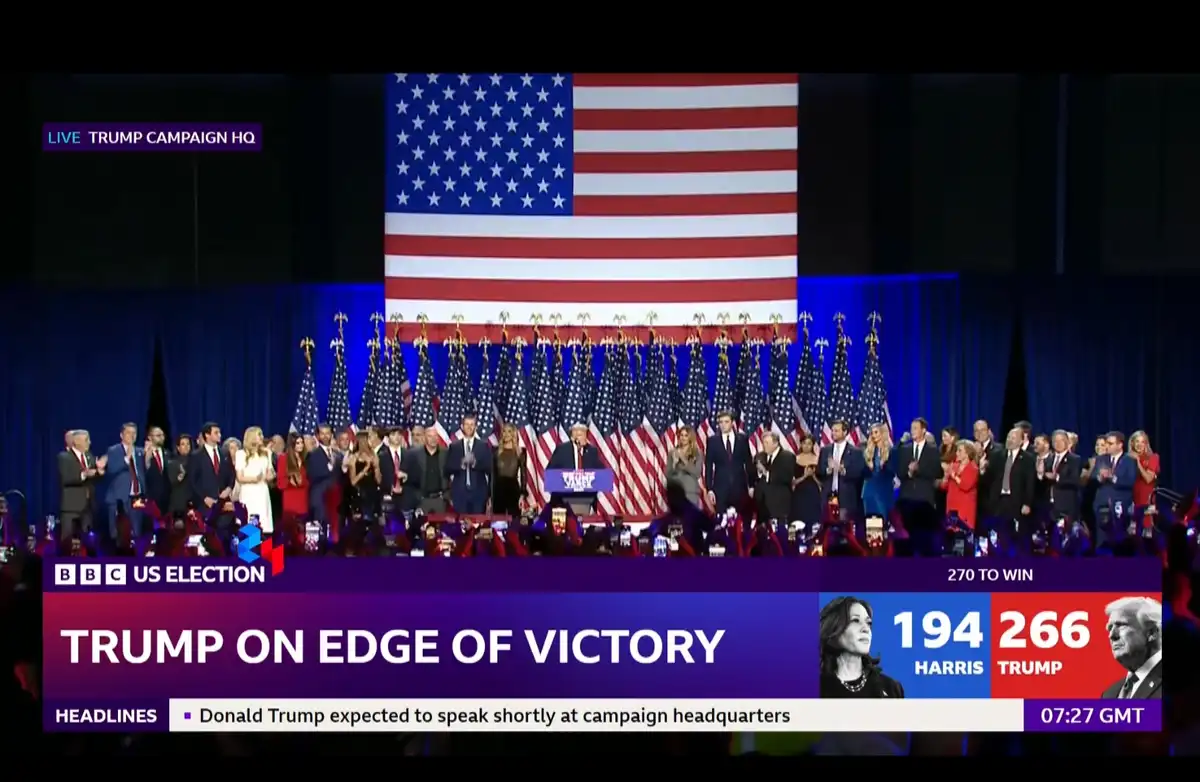 A BBC election broadcast graphic shows Donald Trump and his supporters on stage at his campaign headquarters, with a large…