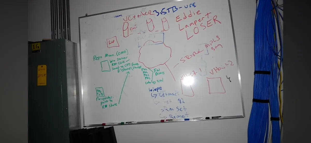 A whiteboard in a server room shows a technical diagram for vCenter3.STB-use with boxes and arrows, including 'Repo…