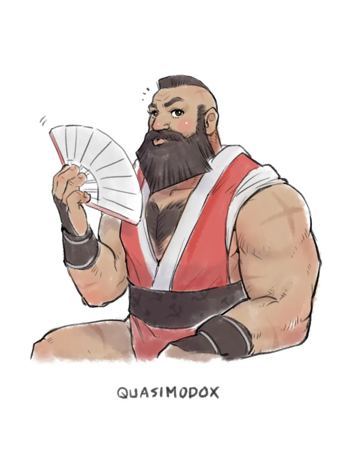A cartoon drawing of a muscular, bearded man with a shaved head wearing a red and white martial arts gi, holding a white…