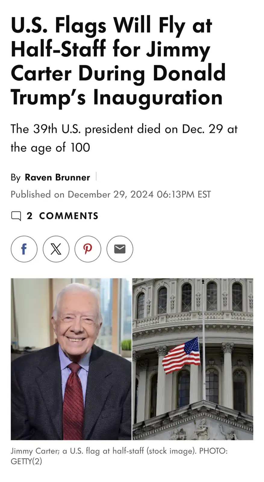 A fake news article screenshot shows a headline claiming U.S. flags will fly at half-staff for Jimmy Carter during Donald…