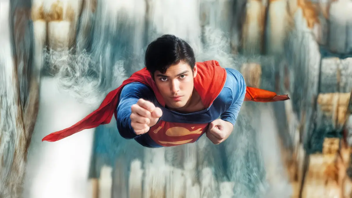 A man in a blue and red Superman costume with a red cape is flying forward with a determined expression, his right fist…
