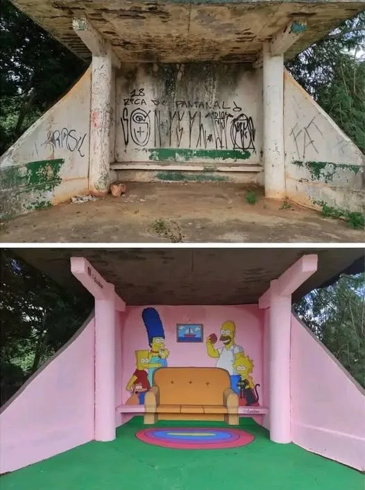 The image shows a split view of an abandoned, graffiti-covered concrete structure with peeling paint and moss. The bottom…