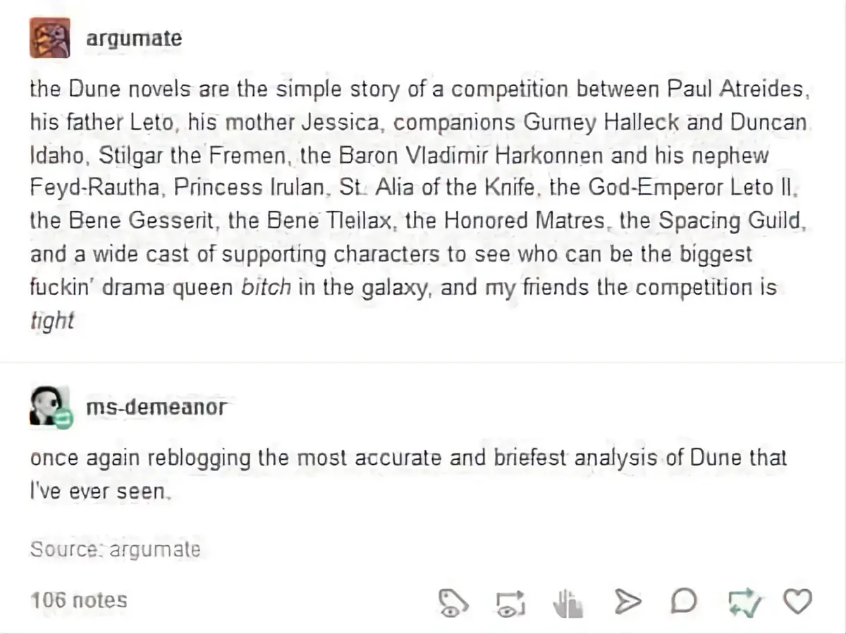A screenshot of a Tumblr post where user 'argumate' humorously describes the Dune novels as a competition to see who can be…