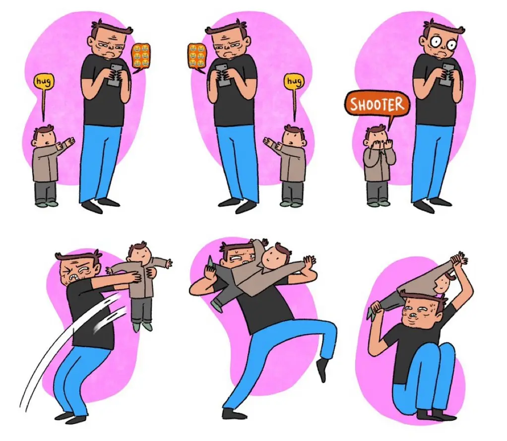 A six-panel comic strip shows a child repeatedly asking an adult for a hug, but the adult is distracted by their phone. The…