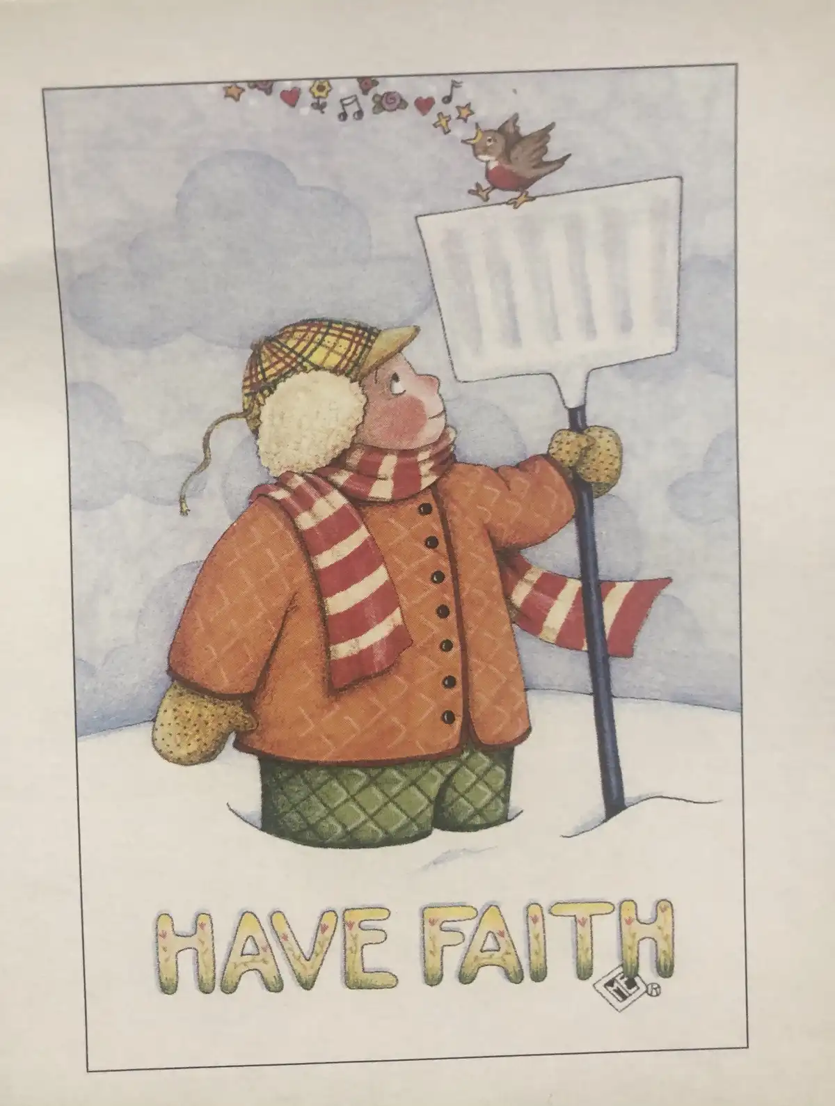 A cartoon child in winter gear stands in snow holding a shovel with a blank sign, while a robin perches on top. The text…