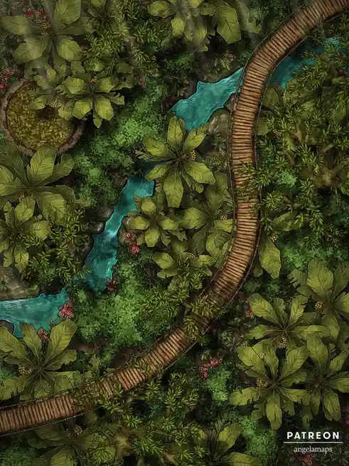 An overhead view of a lush jungle with a winding wooden suspension bridge crossing a turquoise river, surrounded by dense…
