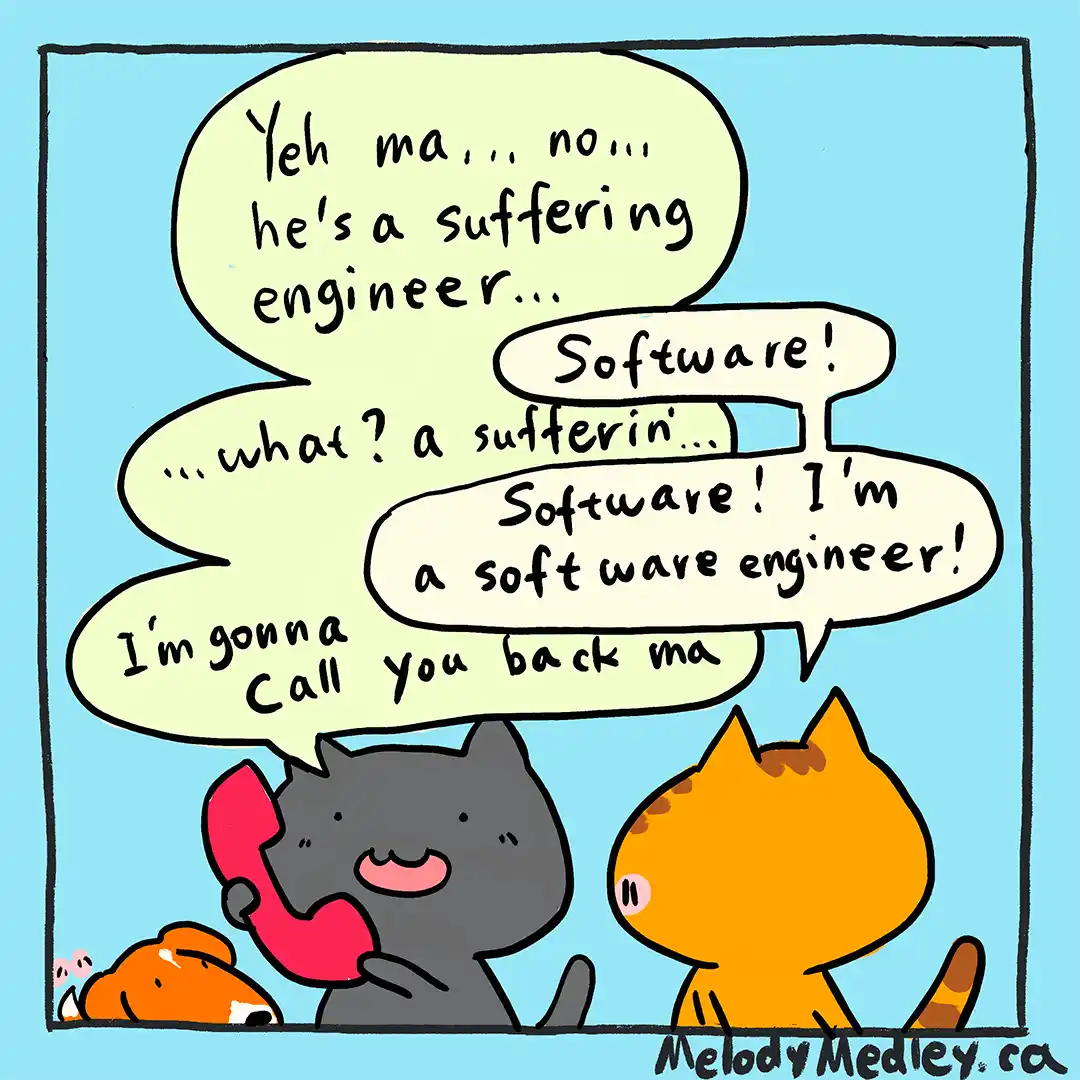 A cartoon depicts a gray cat holding a red phone, speaking to someone on the other end, while an orange cat listens. The…