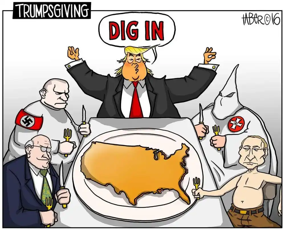 A cartoon depicts Donald Trump at a dinner table with four other figures, including a man in a Nazi uniform, a Ku Klux Klan…