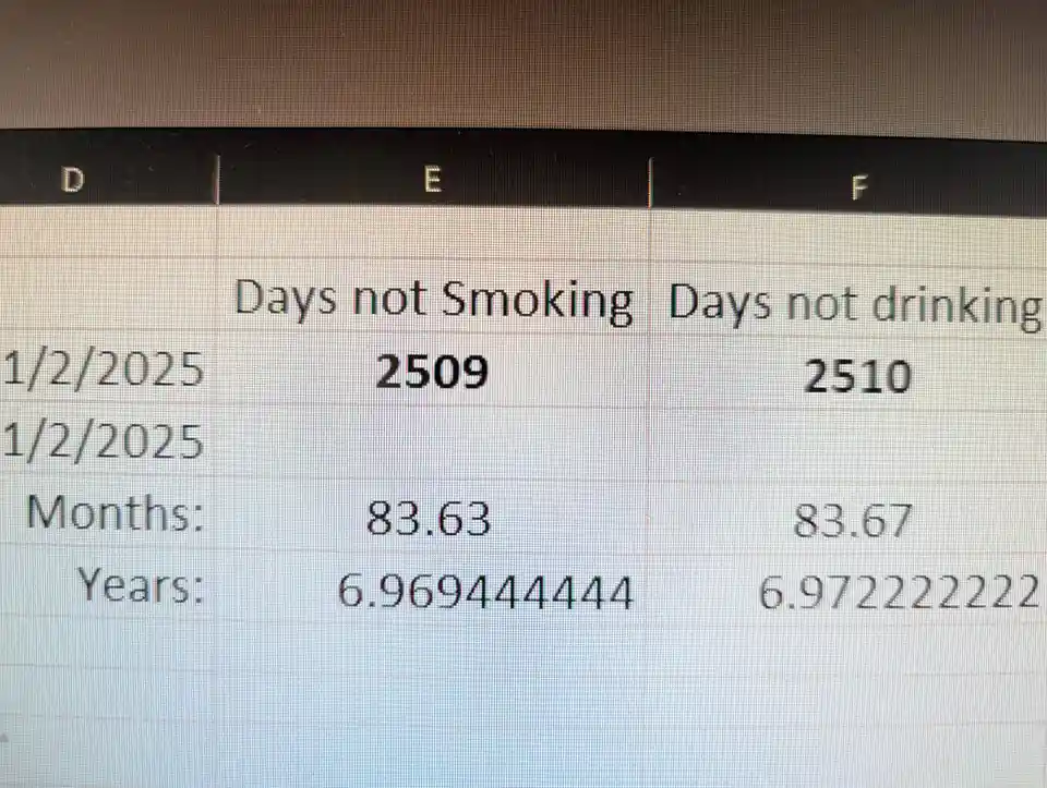 A spreadsheet shows 'Days not Smoking' as 2509 and 'Days not drinking' as 2510, with corresponding months and years…