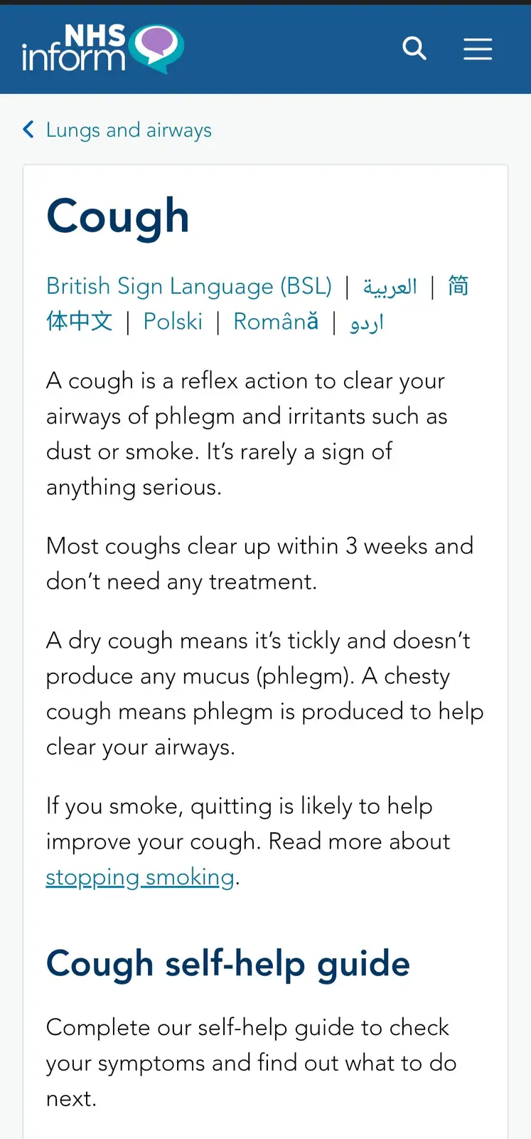 A screenshot of the NHS Inform website's 'Cough' page, which explains that a dry cough is tickly and produces no mucus…