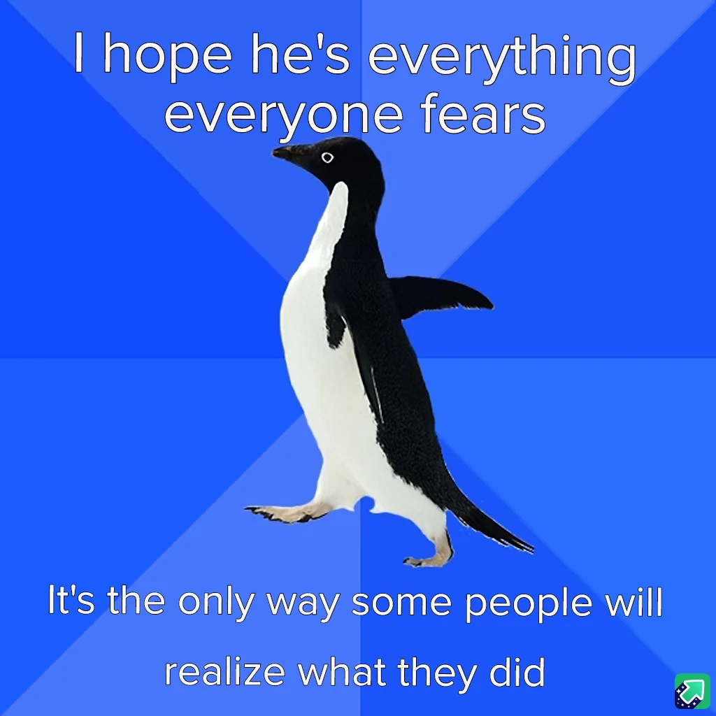 A black-and-white penguin stands against a blue background with diagonal stripes. White text at the top reads 'I hope he's…