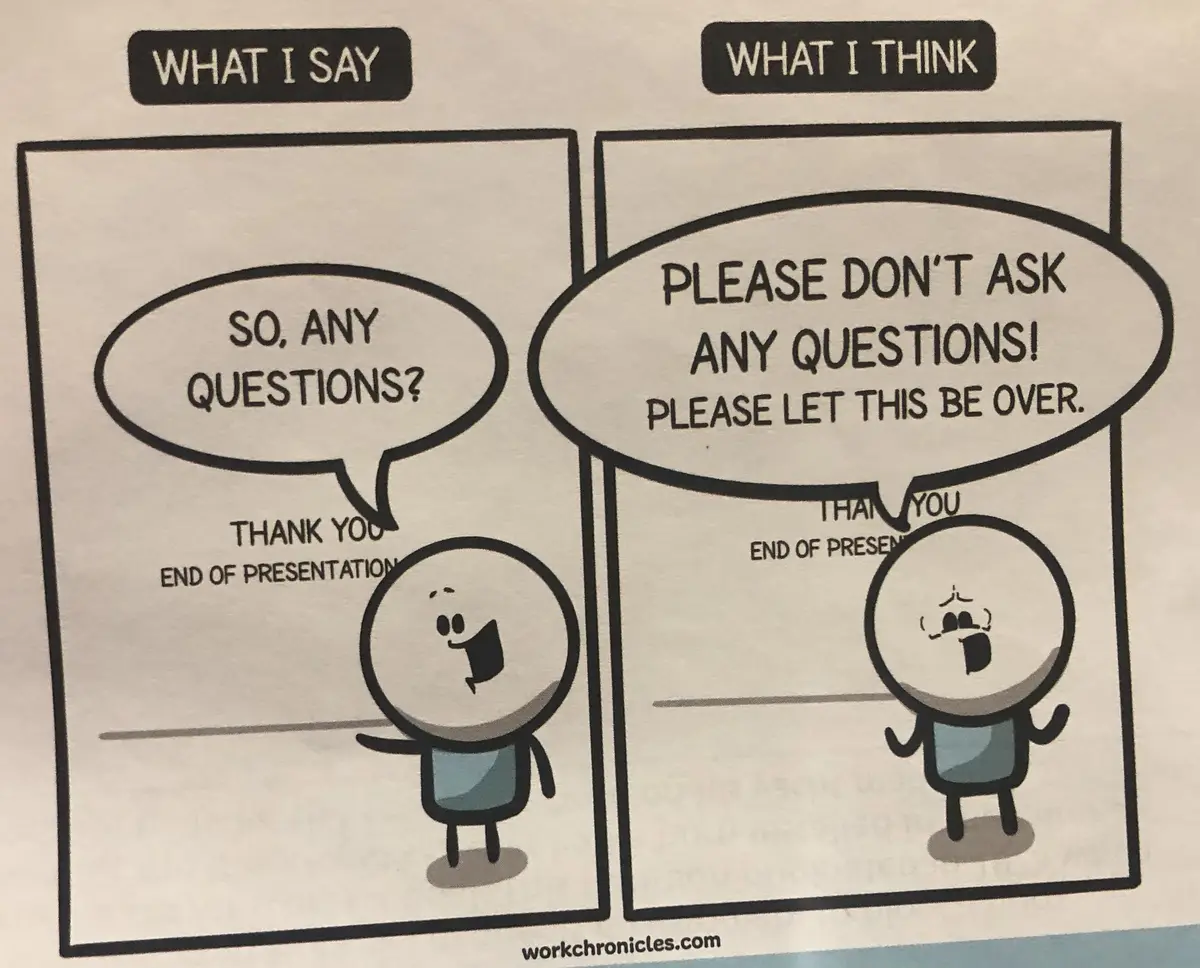 A two-panel comic shows a cartoon character smiling and asking 'SO, ANY QUESTIONS?' under 'WHAT I SAY', while in the 'WHAT I…