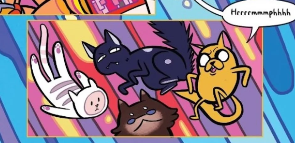 A colorful comic panel shows four cartoon cats in a dynamic, action-filled scene. A white cat with pink paw pads is falling…