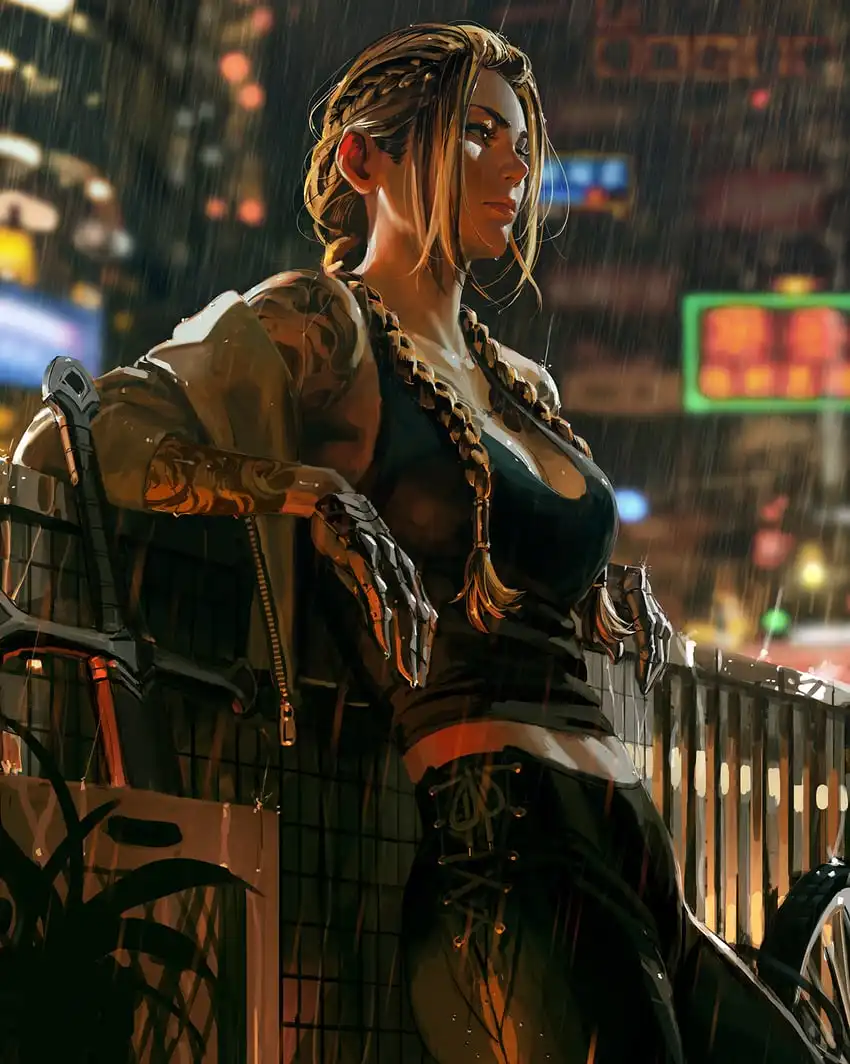 A woman with braided hair and cybernetic arms stands in the rain on a city balcony at night, looking off into the distance…