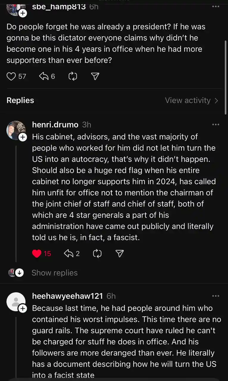 A screenshot of a social media comment thread where a user questions why a political figure didn't become a dictator during…