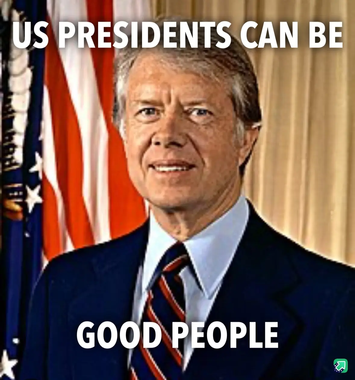 A formal portrait of former U.S. President Jimmy Carter, smiling, wearing a dark suit and striped tie, with an American flag…