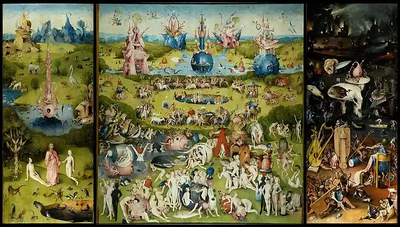 a triptych painting showing a surreal, chaotic scene with humans, animals, and fantastical creatures in three panels: left…