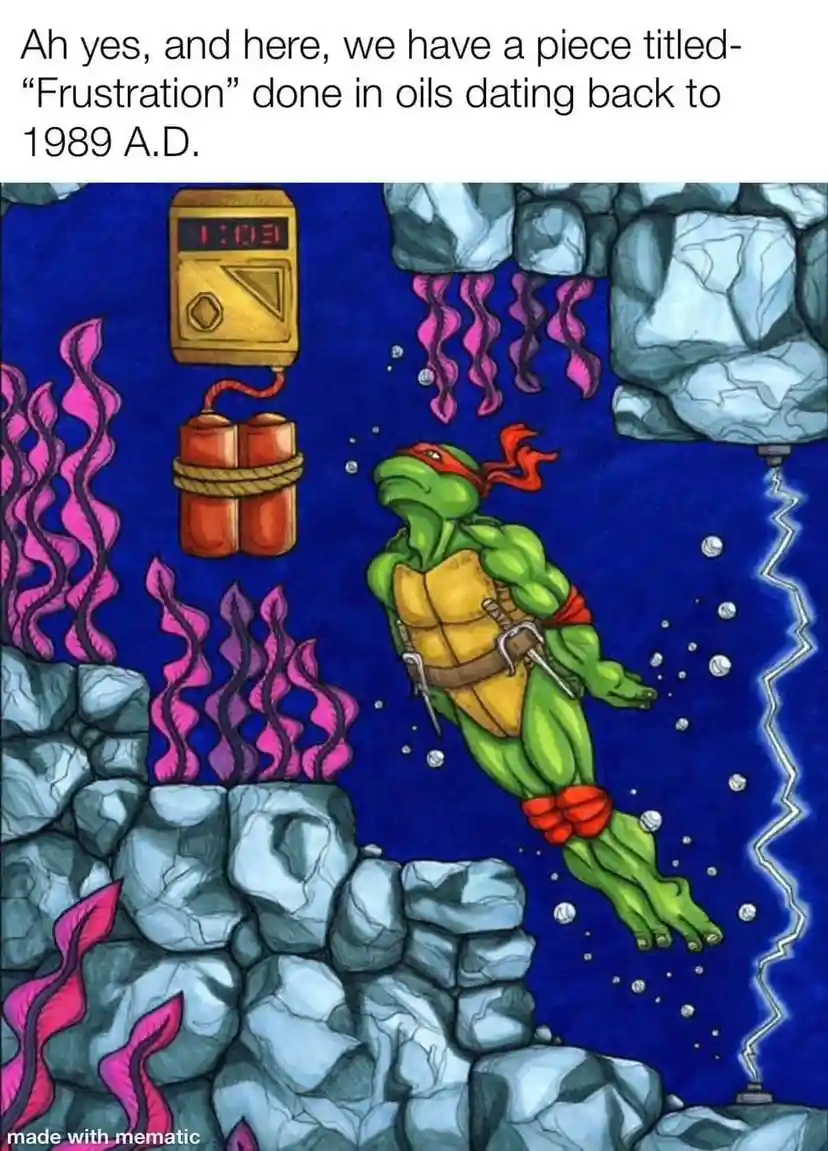 A cartoon green turtle with a red bandana and yellow shell, resembling Raphael from Teenage Mutant Ninja Turtles, is…