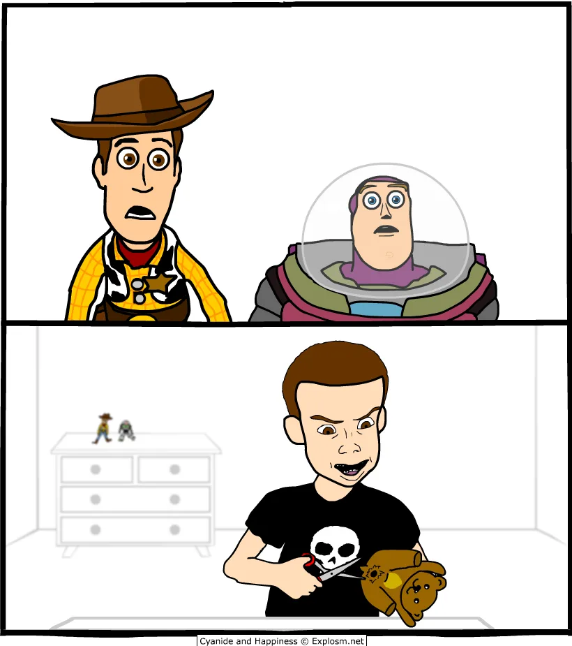 The top panel shows Woody and Buzz Lightyear looking shocked. The bottom panel shows a man with scissors cutting off the…