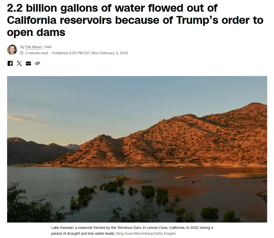 A screenshot of a CNN news article shows a photo of Lake Kaweah in California, surrounded by dry, reddish-brown hills under…
