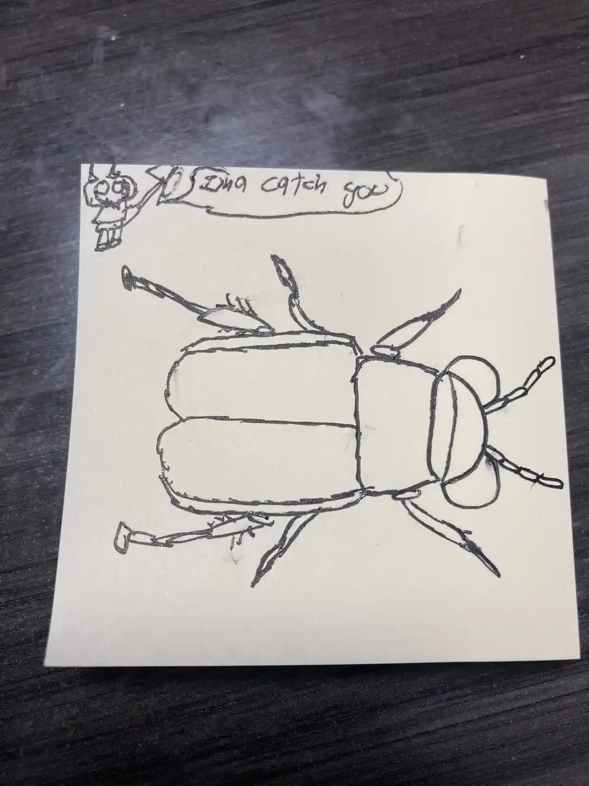 A hand-drawn black-and-white sketch on paper shows a large, cartoonish beetle with exaggerated legs and antennae. In the top…