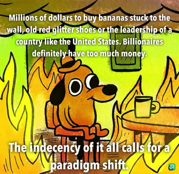 A cartoon dog wearing a hat sits calmly in a room engulfed in flames, holding a mug. Text overlaid on the image reads…