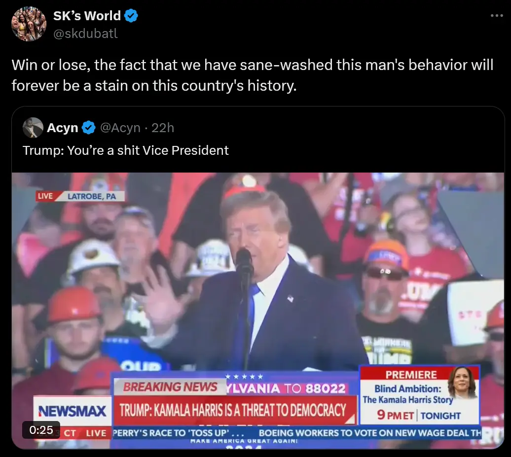 A screenshot of a news broadcast showing Donald Trump speaking at a rally in Latrobe, PA, with a crowd behind him. The lower…
