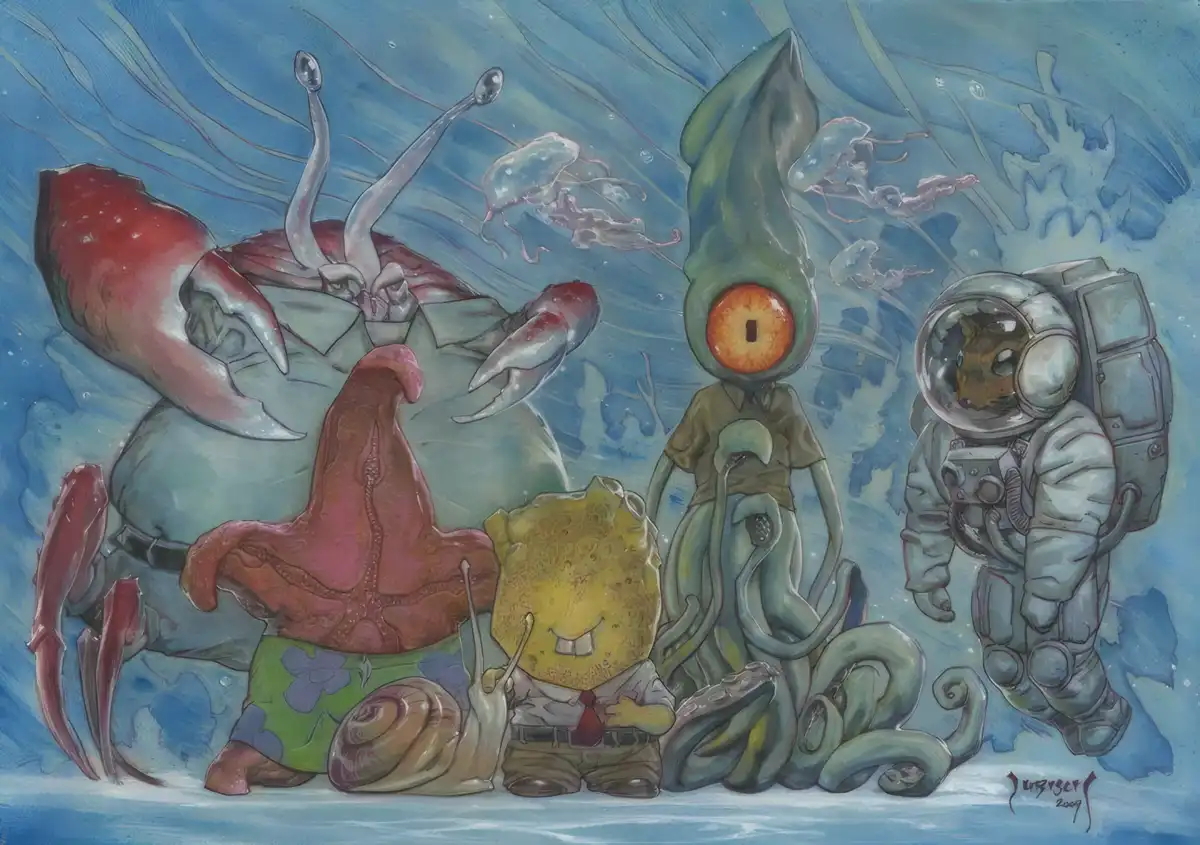 A surreal underwater painting depicts SpongeBob SquarePants standing among other sea creatures including a crab, starfish…