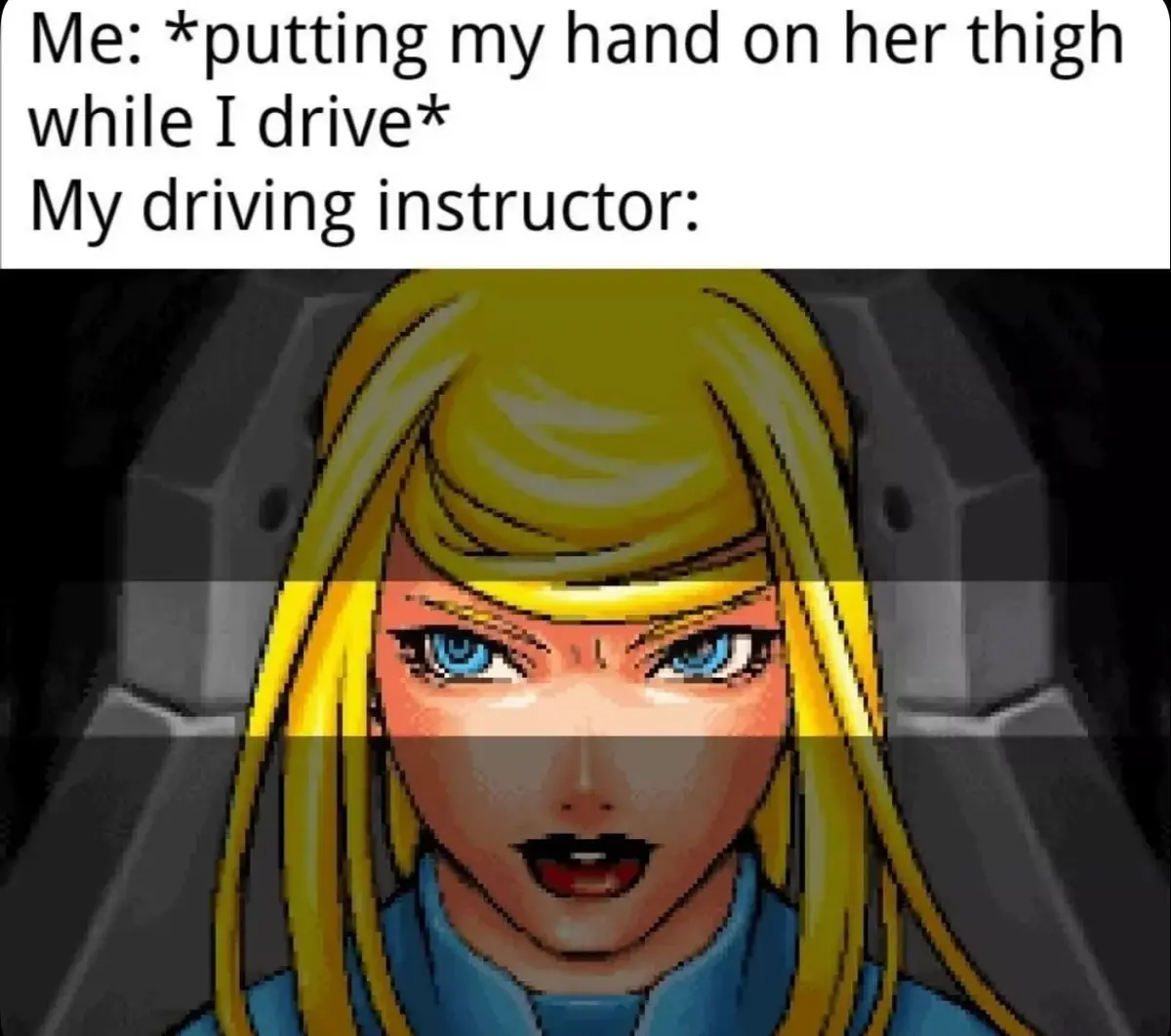 The image shows a close-up of a blonde anime-style woman with blue eyes, wearing a blue top, looking intensely forward with…