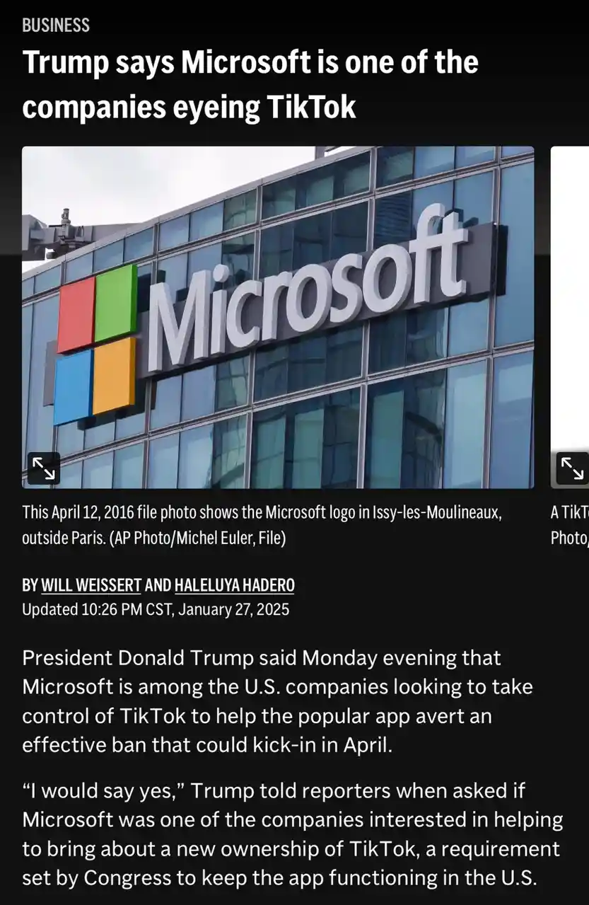 A screenshot of a news article with a photo of the Microsoft logo on a glass building. The headline reads 'Trump says…