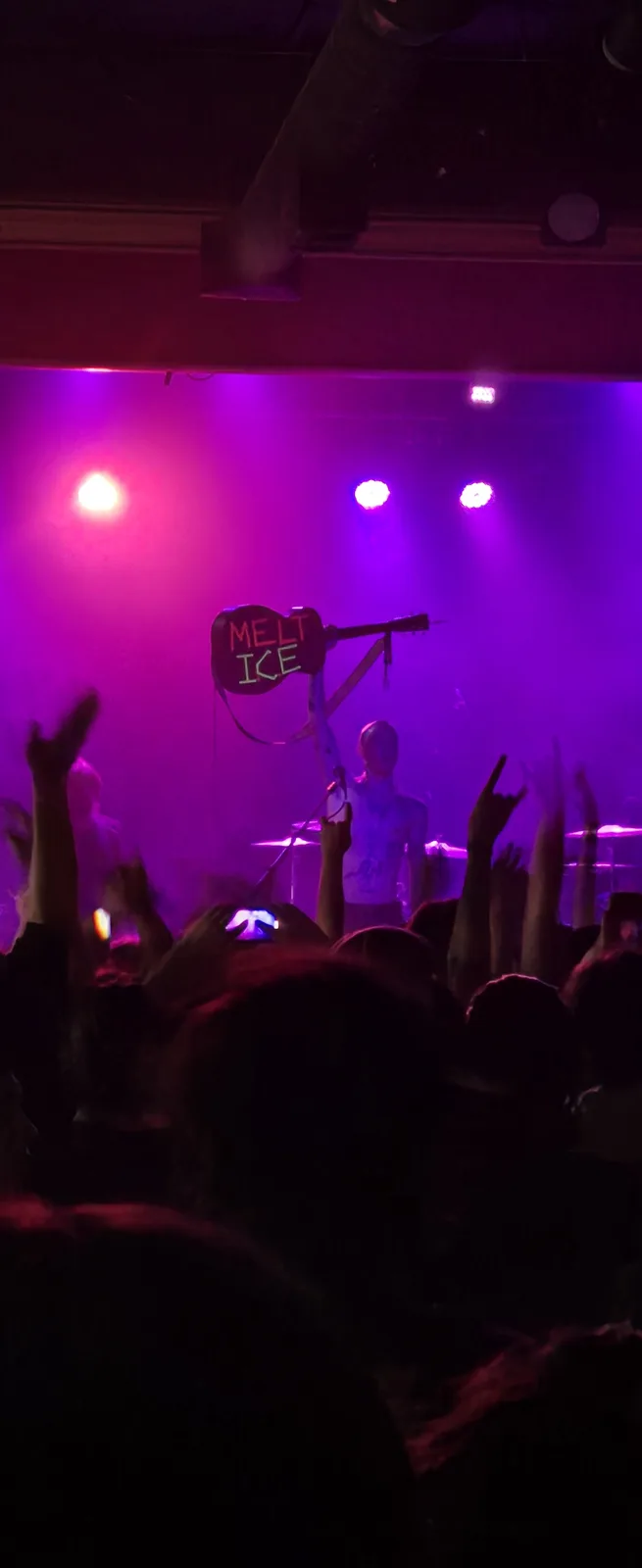 A concert photo from a live music show under purple stage lights, showing a crowd with raised hands and a musician on stage…