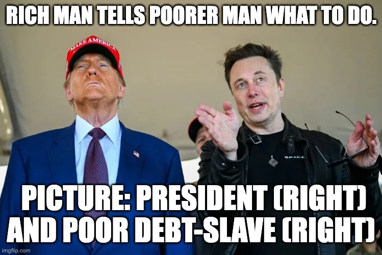 The image shows two men side by side. On the left, a man in a blue suit and red 'MAKE AMERICA GREAT AGAIN' cap looks upward…
