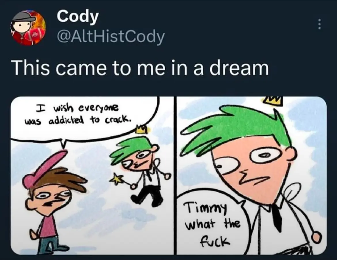 A two-panel comic strip featuring cartoon characters. In the left panel, a green-haired boy with a crown and a star wand…