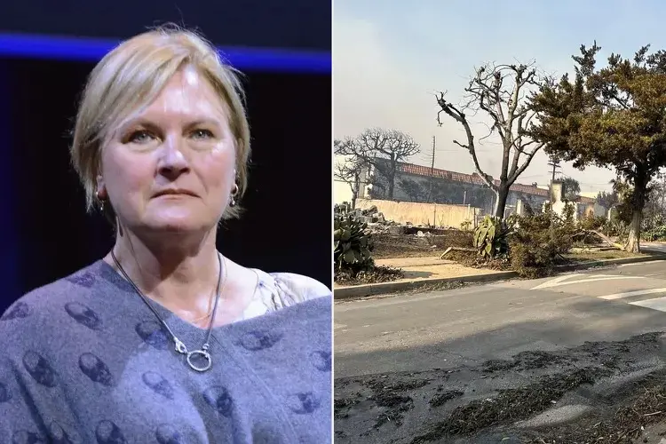 The image is a split-screen meme. On the left, a woman with short blonde hair, wearing a grey sweater with a skull pattern…