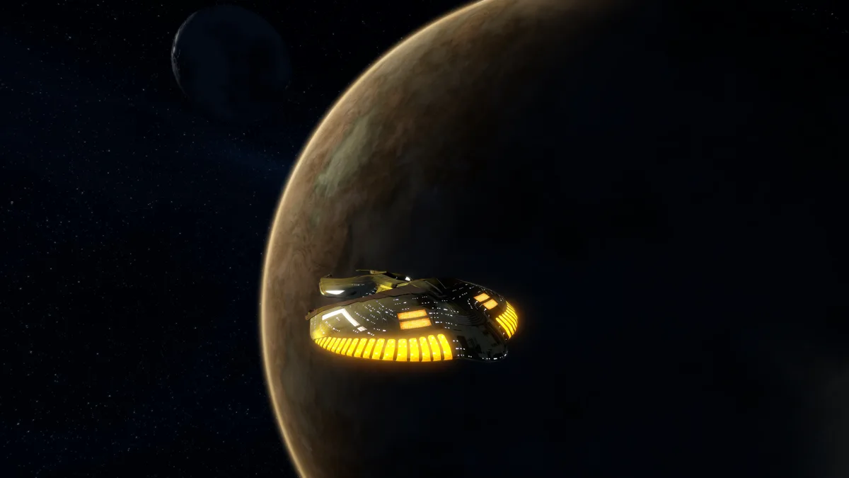 A spaceship with glowing yellow lights orbits a large brownish planet against a starry space background, with a smaller dark…