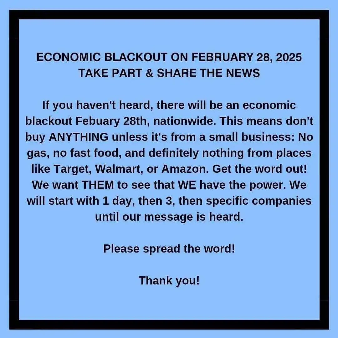 A light blue poster with black text announces a fictional 'economic blackout' on February 28, 2025, urging people to boycott…