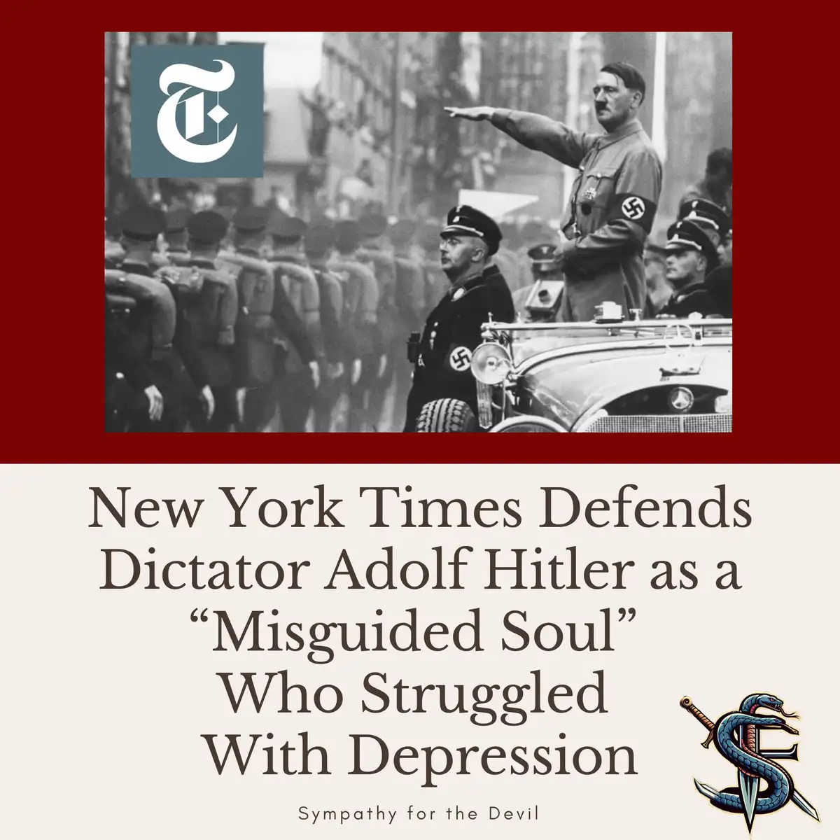 A black-and-white historical photo shows Adolf Hitler in a military uniform, giving a salute from an open-top car, with…