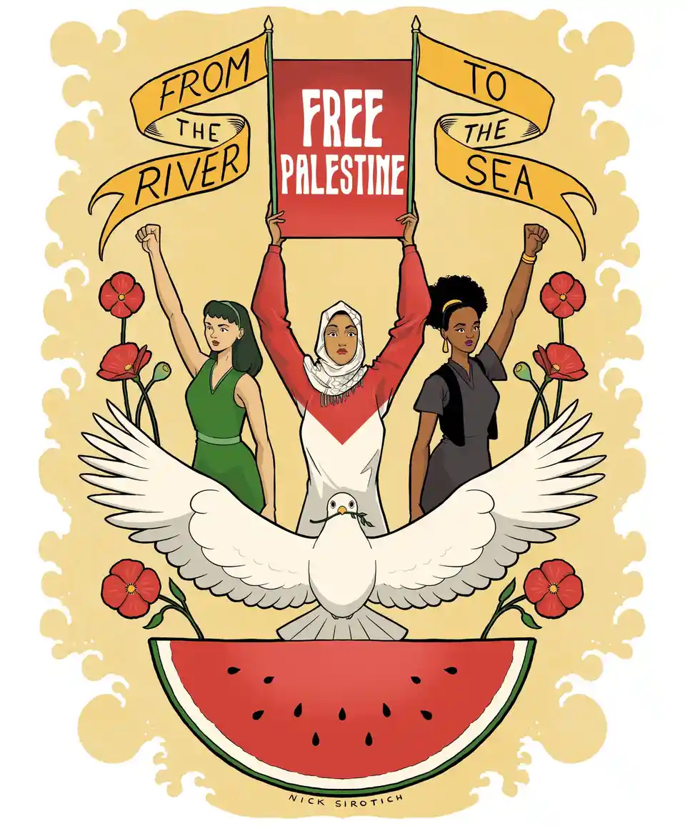 An illustrated image shows three women standing with raised fists, holding a red banner that reads 'FREE PALESTINE' between…
