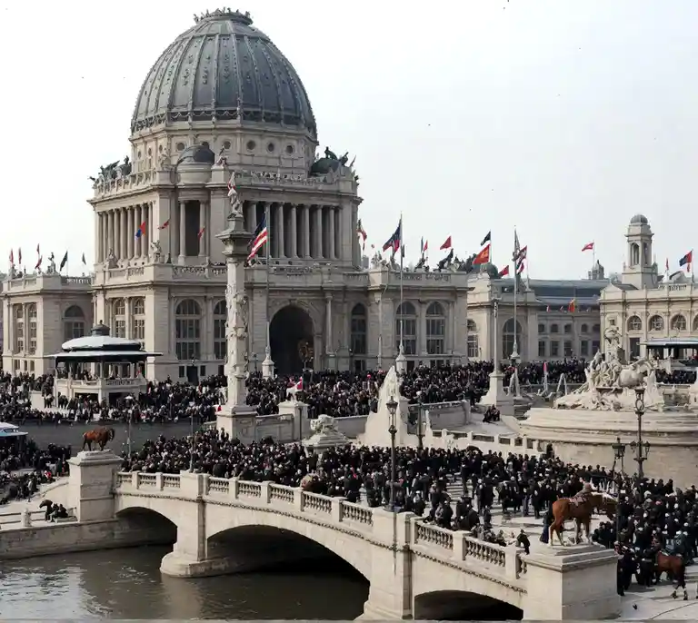 A historical photograph shows a massive crowd of people dressed in black gathered around a grand neoclassical building with…