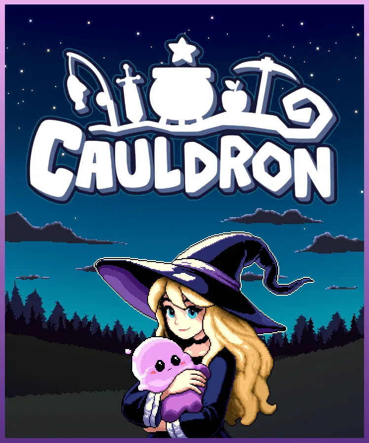 A pixel-art game cover for 'Cauldron' shows a blonde witch in a purple hat holding a small pink ghost-like creature against…
