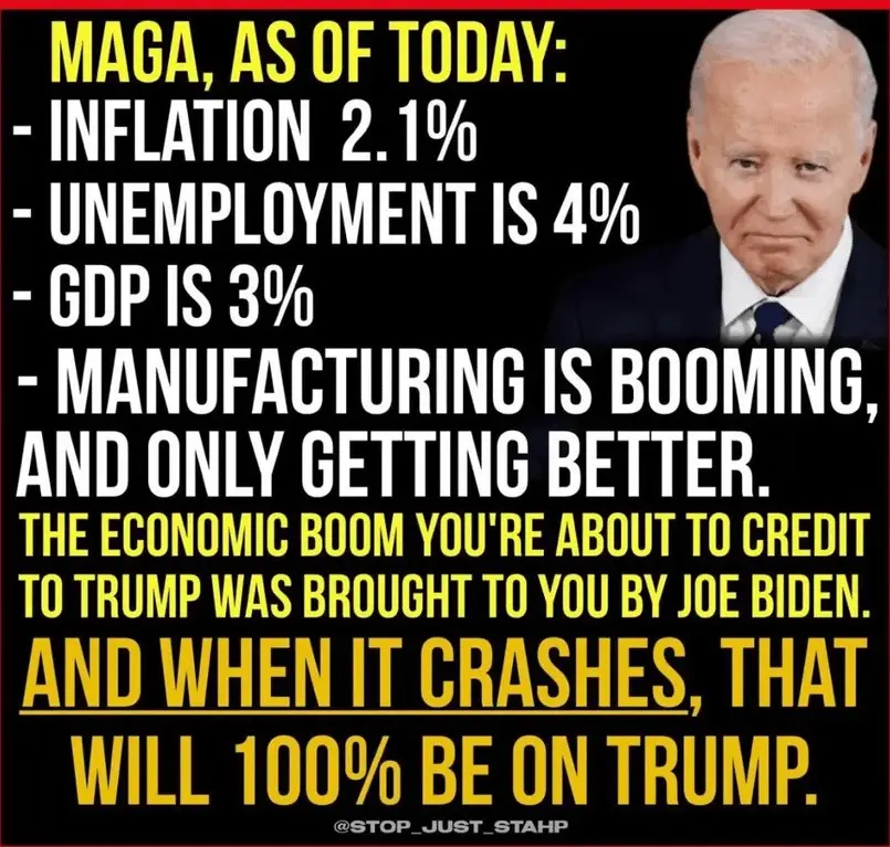 A black-background image features a photo of Joe Biden on the right, looking serious. Large yellow and white text lists…