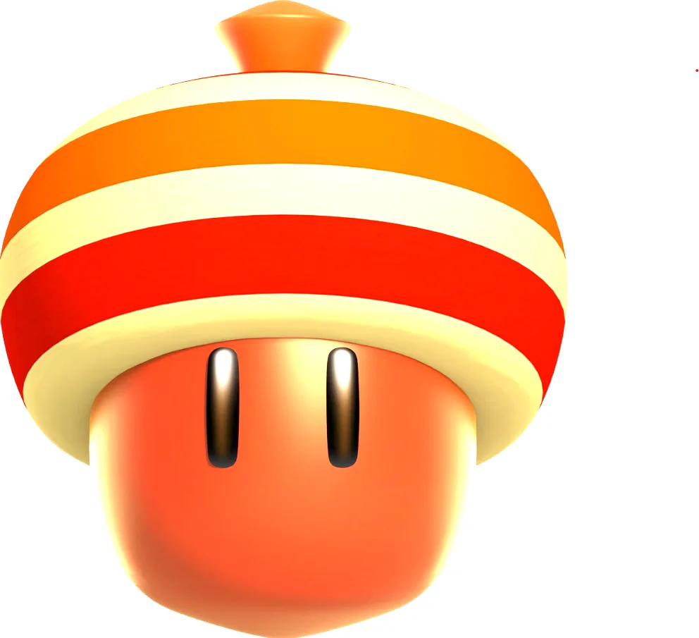 A close-up of a cartoonish orange mushroom character with red and orange stripes, two vertical black eyes, and a small…